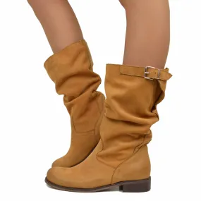 Stivali Biker Boots a Metà Polpaccio in Pelle Vintage Cuoio